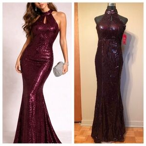 Burgundy Sequin Prom Dress US 4 Formal Gala Mermaid Halter Evening Gown NWT